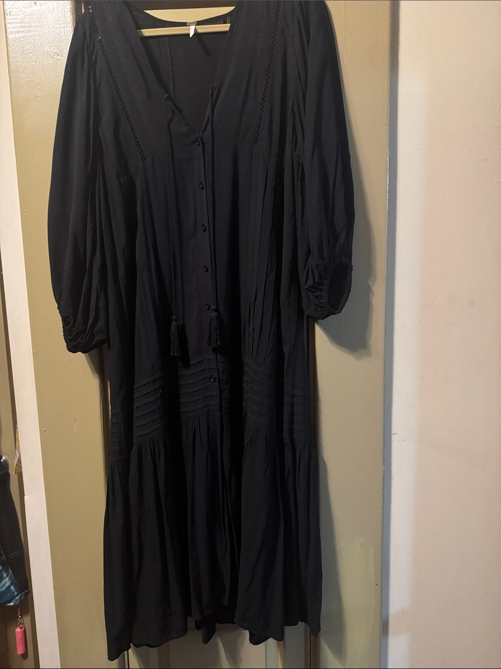 Boho Black Button-Front Maxi Dress with Tassel Ties